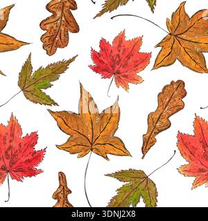 Nahtloses Muster von Ahornblättern. Handgezeichnete Illustration mit Aquarell und Tinte. Zeichnung für Poster, Geschirr, Postkarten, Scrapbooking. Herbst Stockfoto