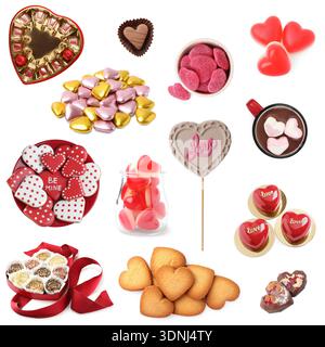 Verschiedene herzförmige Süßigkeiten für Valentinstag-Feier isoliert auf weiß, Set Stockfoto