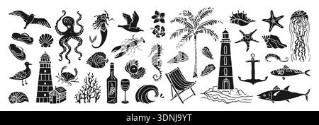 Handgezeichnete Küstenillustration, Ozean Reise Stempel mit Mittelmeer Reise Silhouette Abzeichen. Italienische Sommerstimmung mit Wein, Grunge-Doodle an der Amalfiküste und Meeresfrüchten am Meer Stock Vektor