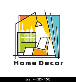 Inneneinrichtung und Möbelemblem Ikone. Vektor-geometrische Innendekor-Ikone mit einem orangefarbenen Sessel, grüner Kommode und blauem Vorhang mit leuchtender Stehlampe. Emblem für Innenausstatter Stock Vektor