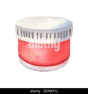 Farbbehälter, Schraubdeckel, rote Farbe, Acryl, Gouache. Handgemalte Aquarellillustration isoliert auf weiß. Perfekt für Design und Verpackung von Kunstartikeln Stockfoto