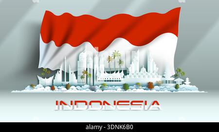 Unabhängigkeitsjubiläum Nationalfeier in Indonesien Flaggenhintergrund mit Reise Wahrzeichen Architektur von Malaysia in jakarta, sumatra mit Stock Vektor