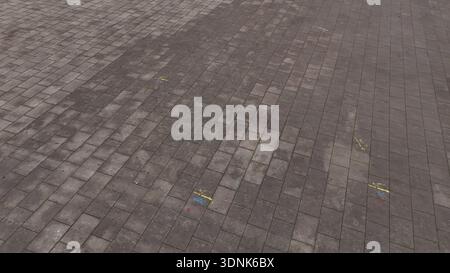 Eine Hochwinkelansicht eines strukturierten Pflasters aus rechteckigen grauen Steinen mit Anzeichen von Verschleiß und verstreuten Kreidezeichnungen Stockfoto