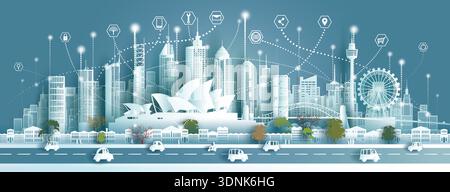 Technologie drahtlose Netzwerkkommunikation Smart City mit Architektur Wahrzeichen Australien an der Skyline von europa für Design-Bannertechnologie, Vector illu Stock Vektor
