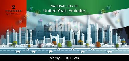 Vektor-Illustration Unabhängigkeit Jahrestag Feier Nation Tag in Vereinigte Arabische emirate Flagge Hintergrund. Reise asien Wahrzeichen Architektur. Stock Vektor
