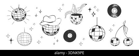 Disco Ball Set, Skizze y2k Linie Tattoo kreativ. Retro Doodle Party handgezeichnete Dekoration. Musik, Party und Vintage. Vektorabbildung Stock Vektor