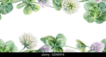 Doppelter nahtloser Rand aus weißen und lila Kleeblättern und Blättern, symbolisiert Blüte, neues Leben und Glück für Jungvermählte. Weiches Aquarell für Hochzeit Stockfoto