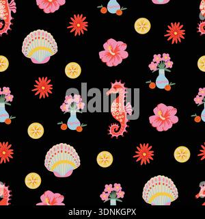 Tropischer Rahmen nahtloses Muster mit Palme Ananas Seepferd Blumen Küste Sommer Illustration Stock Vektor