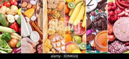 Eine lebhafte Collage, die eine Vielzahl von gesunden und ausgewogenen Lebensmittelgruppen zeigt, darunter frische Produkte wie Obst und Gemüse, verschiedene Arten von Müsli Stockfoto