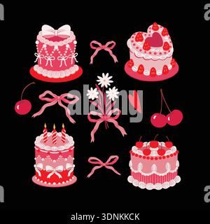 Nette Kuchen Illustration Set mit Kirschen Bögen Herzen Blumen isolierte Vektor Dessert Elemente Stock Vektor