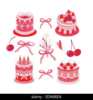 Nette Kuchen Illustration Set mit Kirschen Bögen Herzen Blumen isolierte Vektor Dessert Elemente Stock Vektor