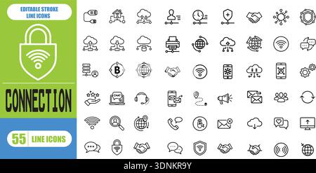 Symbolgruppe „Verbinden“. Mit Netzwerk, Join, Zusammenarbeit, Konnektivität, Interaktion, Kabel-, Integrations- und Verbindungssymbole. Ausgefüllte Symbolsammlung Stock Vektor