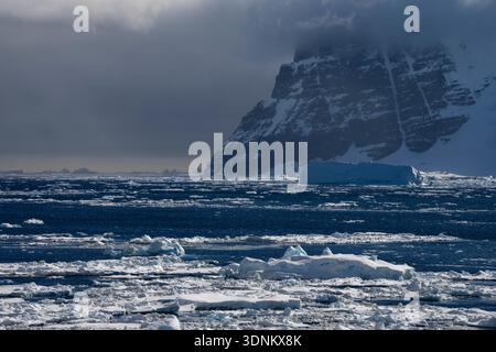 Eis driftet im Crystal Sound in der Antarktis. Stockfoto