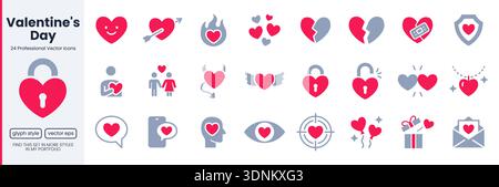 Das Duotone-Set „Hearts and Love“ (Herzen und Liebe). Romantik, valentinstag Leidenschaft, glücklich, gebrochenes Herz, Paar Dating minimale Vektor-Illustrationen. Einfach rot grau Stock Vektor