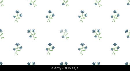Nahtloses Muster mit handgezeichneten Aquarellillustrationen von blauen Blumen. Frühlings- und Sommerkollektion mit bunten Pflanzen in einem einfachen Stil. Stockfoto