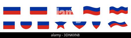 Russland Flaggensymbole gesetzt, Russische Flagge gesetzt, Russland Flaggenvektorsymbole isoliert, Russische Flaggen Sammlung, rund, Quadrat, Herz, Stern, Kartenstift Stock Vektor