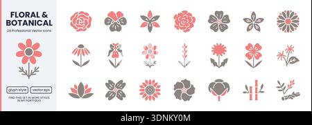 Medizinische Blumen Duotone Symbol Set. Rose, Violett, Jasmin, Ringelblume, Echinacea, iris, Kamille, Kamelie, Geranium minimale Vektorgrafiken Stock Vektor