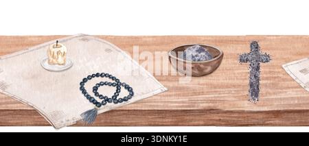 Nahtlose Grenze christliche Symbole auf Holztisch mit Rosenkranz, Aschenkreuz, Kerze, Aschenschüssel. Horizontaler Kopierbereich für religiöse Aquarelle Stockfoto