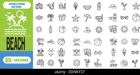 Sommer, Urlaub, Strandelemente - minimales, dünnes Web-Symbol-Set. Sammlung von Gliederungssymbolen. Einfache Vektordarstellung. Stock Vektor