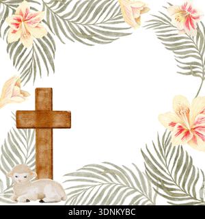 Kreuz, Lamm, Palmblätter und Lilien quadratischer Rahmen handgemalte Aquarelle christliche Komposition für Osterdesign, Faith Branding, Textilien, Verpackung Stockfoto
