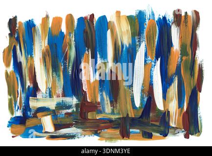 Künstlerische Abstrichmalerei aus Acryl. Farbenfrohe moderne Acrylkunst, abstrakte handgemalte Striche auf Leinwand. Blaue, gelbe, braune Farben. Kunst für Stockfoto