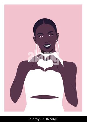 Junge afrikanische Frau, die Herzzeichen mit Händen macht, Liebesgeste, Valentinstag-Postkarte, Vektor-flache Illustration. Stock Vektor