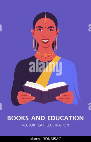 Glückliche indische Frau, die offenes Buch hält, Konzept der Bildung, Lernen, Bibliotheken und Buchläden, flache Vektorillustration. Stock Vektor