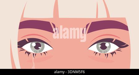 Weibliche Augen gefüllt mit Tränen, Porträt einer depressiven blonden Frau, die vor Trauer weint, horizontales flaches Vektorbanner. Stock Vektor