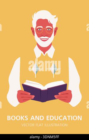 Älterer Mann mit offenem Buch, Großvaterfigur, Bildungskonzept, Lernen, Bibliotheken und Buchhandlungen, flacher Vektor. Stock Vektor
