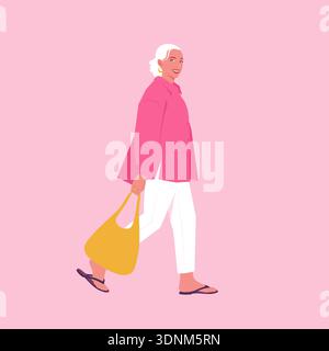 Stilvolle ältere Frau, die mit Tragetasche, Mode und Lifestyle Vektor flache Illustration geht. Stock Vektor