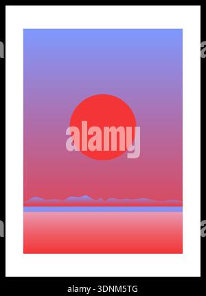 Abstraktes Landschaftsposter mit roter Sonne über dem Feld bei Sonnenuntergang. Stock Vektor
