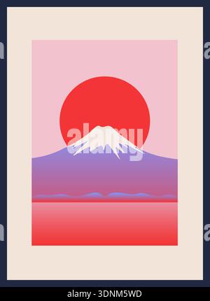 Abstrakte Fuji-Landschaft mit roter Sonne und Pastellgradienten, modernes japanisches ästhetisches Vektorplakat-Design. Stock Vektor