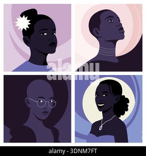 Set afrikanischer Frauenporträts in Halbdrehung, diverse Avatare für soziale Medien im flachen Vektor-Illustrationsstil. Stock Vektor