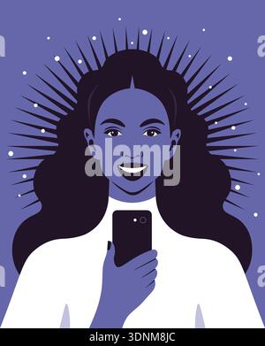 Glückliche afrikanische Frau mit Smartphone, sozialen Medien und Online-Bildung Avatar Diversity Porträt im flachen Vektor-Illustrationsstil. Stock Vektor