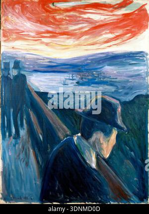 Dieses expressionistische Gemälde von Edvard Munch aus dem Jahr 1892 mit dem Titel „Despair“ zeigt eine Einzelfigur, die vom Betrachter wegblickt und einen Fjord mit einem dramatischen roten und orangen Himmel überblickt. Die emotionale Intensität, die durch kräftige Farben und wirbelnde Pinselstriche vermittelt wird, ist charakteristisch für Munchs frühe Arbeiten. Stockfoto