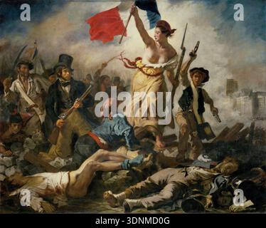 Eugene Delacroix' ikonisches Gemälde „Freiheit führt das Volk“ zeigt einen entscheidenden Moment aus der Französischen Revolution von 1830. Die allegorische Figur der Liberty, die die dreifarbige Flagge und eine Muskete hält, führt mutig eine Gruppe von Revolutionären über gefallene Körper und Barrikaden, mit der rauchenden Stadt Paris und den Türmen von Notre Dame im Hintergrund. Dieses 1830 fertiggestellte Ölgemälde fängt die rohe Emotion und den revolutionären Geist der Julirevolution ein. Stockfoto