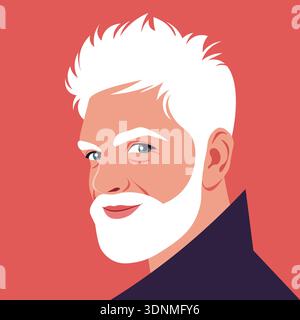 Älterer bärtiger Mann Porträt, stilvoller Großvater Avatar für soziale Medien, erfolgreicher Geschäftsmann in flacher Vektor-Illustration Stil. Stock Vektor