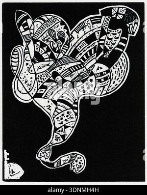 Dieser abstrakte Holzschnitt, wahrscheinlich von Wassily Kandinsky aus den 1920er Jahren, zeigt ein dynamisches Zusammenspiel von Schwarz und weiß mit komplexen Mustern und organischen Formen. Das Kunstwerk veranschaulicht Kandinskys Pionierarbeit in der abstrakten Kunst, wobei Form und Textur gegenüber gegenständlicher Bildsprache betont werden. Stockfoto