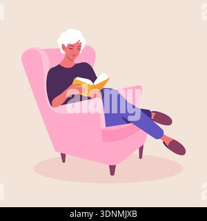 Ältere Frau liest Buch im Sessel, Freizeit zu Hause Lebensstil in flacher Vektor-Illustration Stil. Stock Vektor