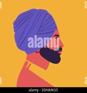Sikh Mann mit Bart und Turban Profil, Geschäftsmann Avatar Seitenansicht in flachen Vektor-Illustration Stil. Stock Vektor