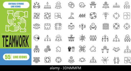 Business Teamwork Line Symbolsatz für Zusammenarbeit, Partnerschaft, Zusammenarbeit, Allianz, Arbeitsgruppe, Vereinbarung, Handshake, Unternehmensstruktur, Editierbar Stock Vektor