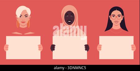Junge Frauen, die leere Plakate halten, Feminismus und Frauenrechte protestieren auf rotem Hintergrund in flachem Vektor-Illustrationsstil. Stock Vektor