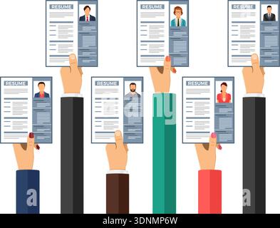 Arbeitsvermittlungsarbeit, Personalwesen und Einstellungskonzept. Übergibt Arbeitssuchende, Bewerber für Position sperren Lebenslauf. Isolierte Vektordarstellung Stock Vektor