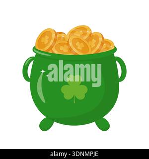 Grüner Topf mit goldenen Münzen am St. Patricks Day für eine traditionelle irische Feier. Ein Schatzkistensymbol, viel Glück und Reichtum. Ein Kessel voller Goldmünzen mit einem Kleeblatt. Vektorabbildung Stock Vektor
