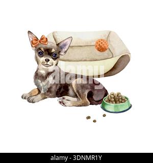 Chihuahua mit roter Schleife neben einem Bett und einer Schüssel Hundefutter. Handgezeichnete Aquarellillustration. Vektor-Clip-Art für Postkarten, Lebensmitteletiketten Stock Vektor
