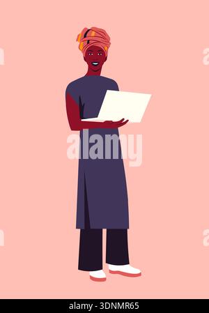 Porträt einer Afrikanerin mit Laptop. Der Modedesigner steht auf voller Höhe. Illustration der Vektorabwicklung. Stock Vektor