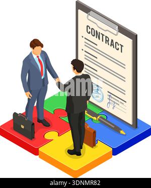 Handshake business Mans nach Verhandlungen erfolgreich behandeln. startup Partnerschaft ziele zu erreichen. die Teamarbeit. Rätsel Infografiken. Zwischenablage Pad mit Co Stock Vektor