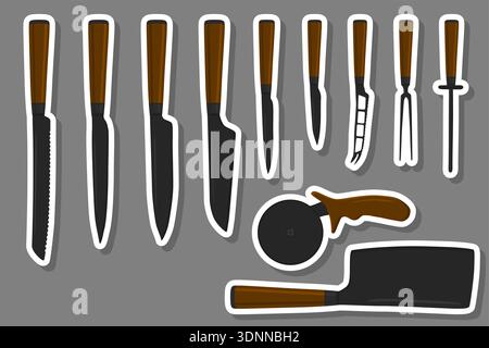 Illustration zum Thema großes farbiges Set verschiedene Arten Messer unterschiedliche Größe für Metzger, Kit-Messermuster bestehend aus Sammlungszubehör für die Metzgerei Stock Vektor