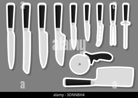 Illustration zum Thema großes farbiges Set verschiedene Arten Messer unterschiedliche Größe für Metzger, Kit-Messermuster bestehend aus Sammlungszubehör für die Metzgerei Stock Vektor