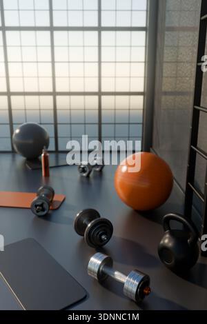 Modernes Fitnessstudio mit Sportausrüstung und Panoramafenster bei Sonnenuntergang. 3D-Rendering Stockfoto